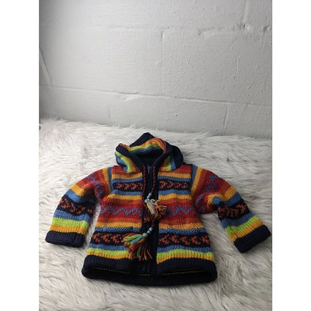 YUSU TEX Alpaca Wool Colorful Cardigan Hand Made in Peru Full Zip baby Sz 0 - 12